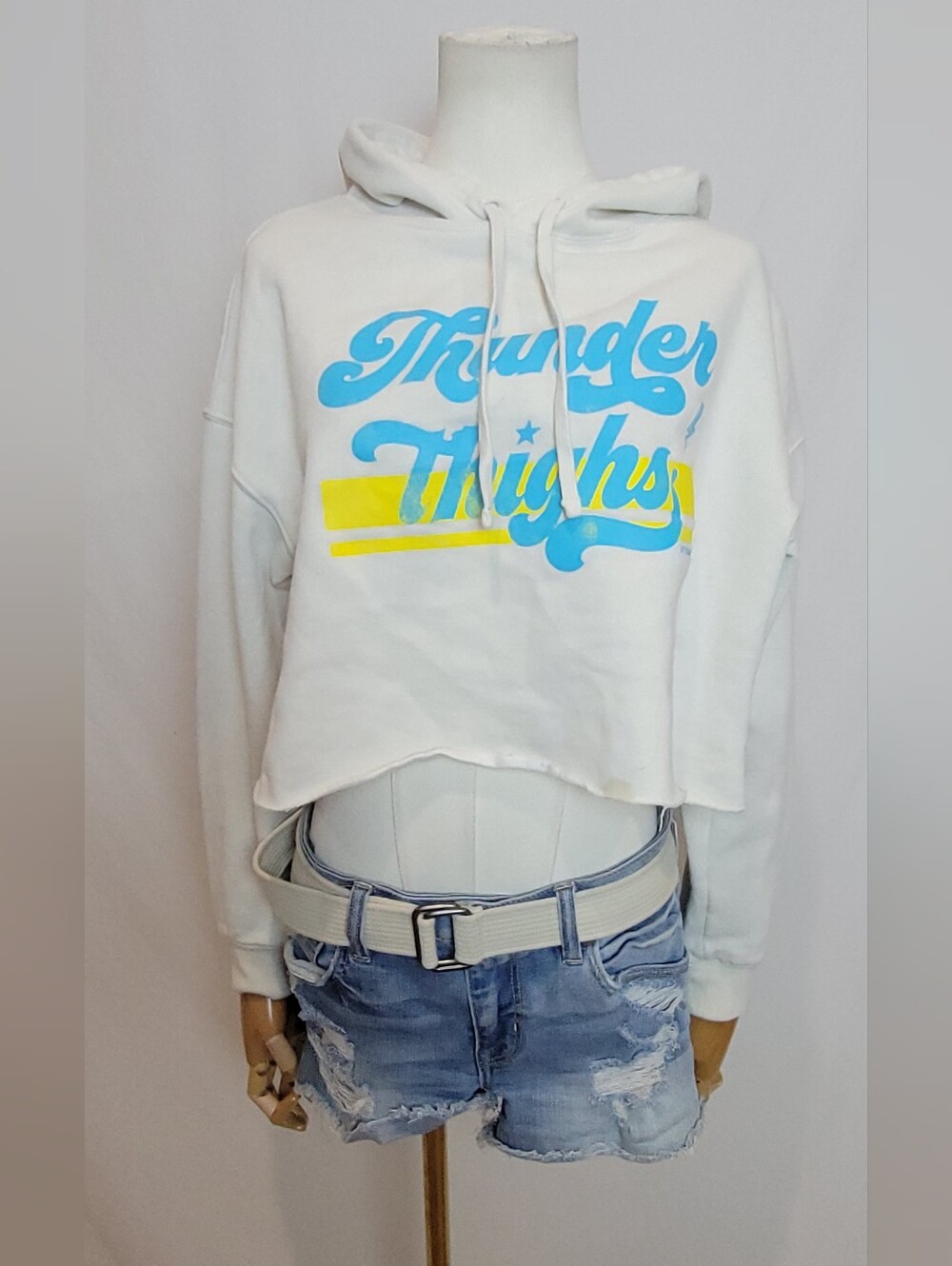 Independent Trading Co White 'Thunder Thighs' Cropped Hoodie, Size Small